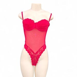 Victoria's Secret Bright Red Sheer Lace Underwire Bodysuit